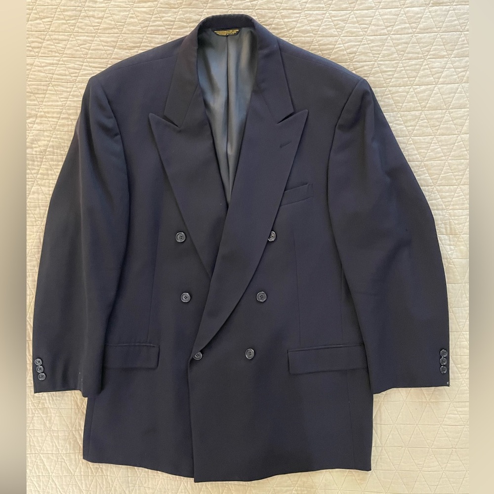 NINO CERRUTI Made in USA Vintage 6/1 DB Peak Lapel Wool Serge Navy Jacket 44 R